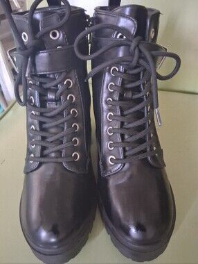 No Boundaries Black Lace-Up Combat Boots with Ankle Strap